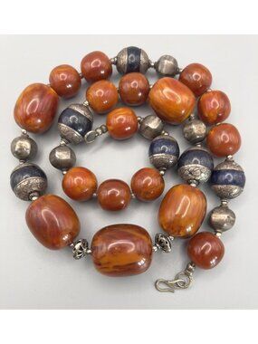 Antique Amber Lapis Lazuli Silver Tribal Necklace